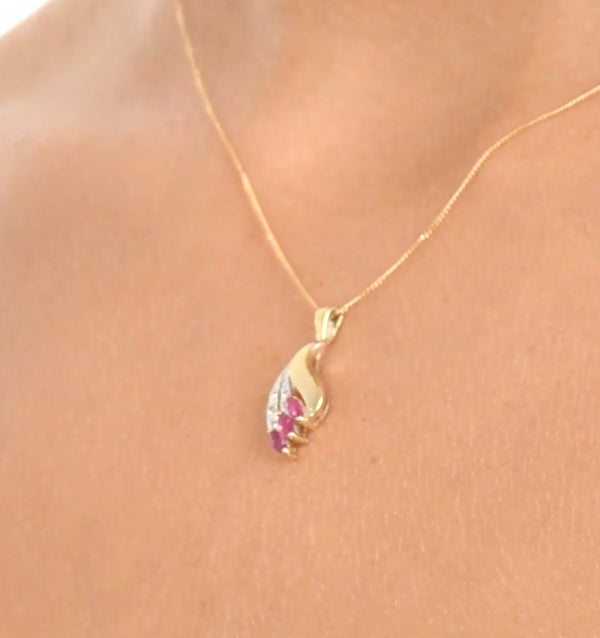 Ruby 4 x 2mm And Diamond 9K Yellow Gold Pendant Necklace